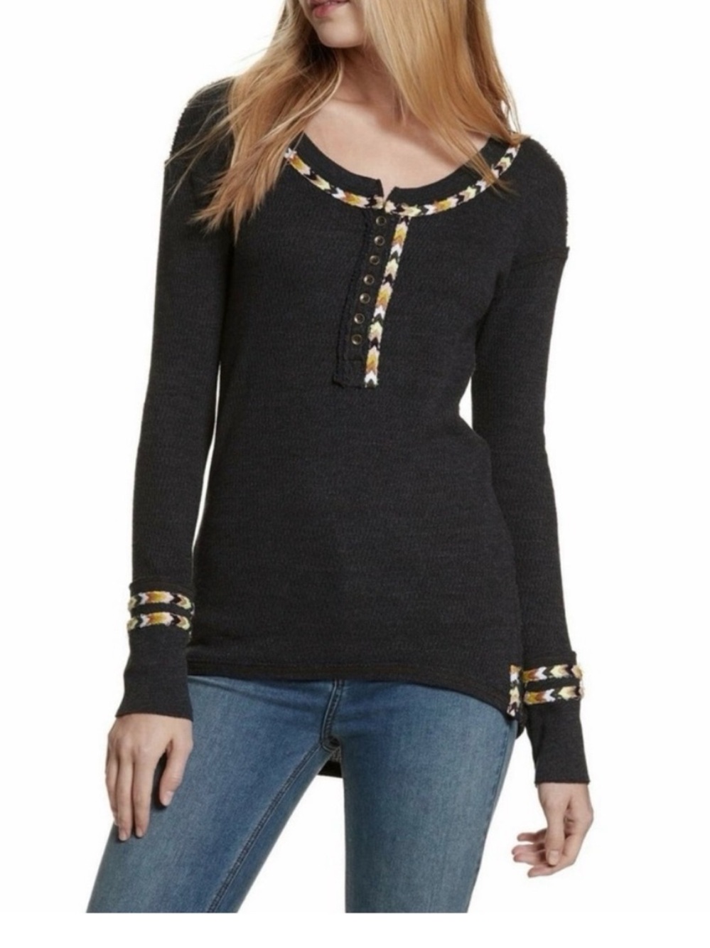 Free People Black Long-Sleeve Henley with Patterned Trim